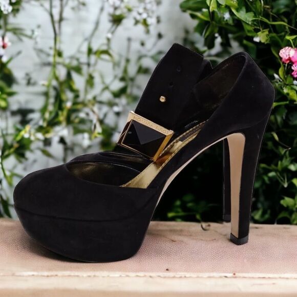 LOUIS VUITTON BLACK SUEDE PEEP TOE ANKLE STRAP PLATFORM HIGH HEEL SANDAL SHOE 35 - Picture 4 of 6